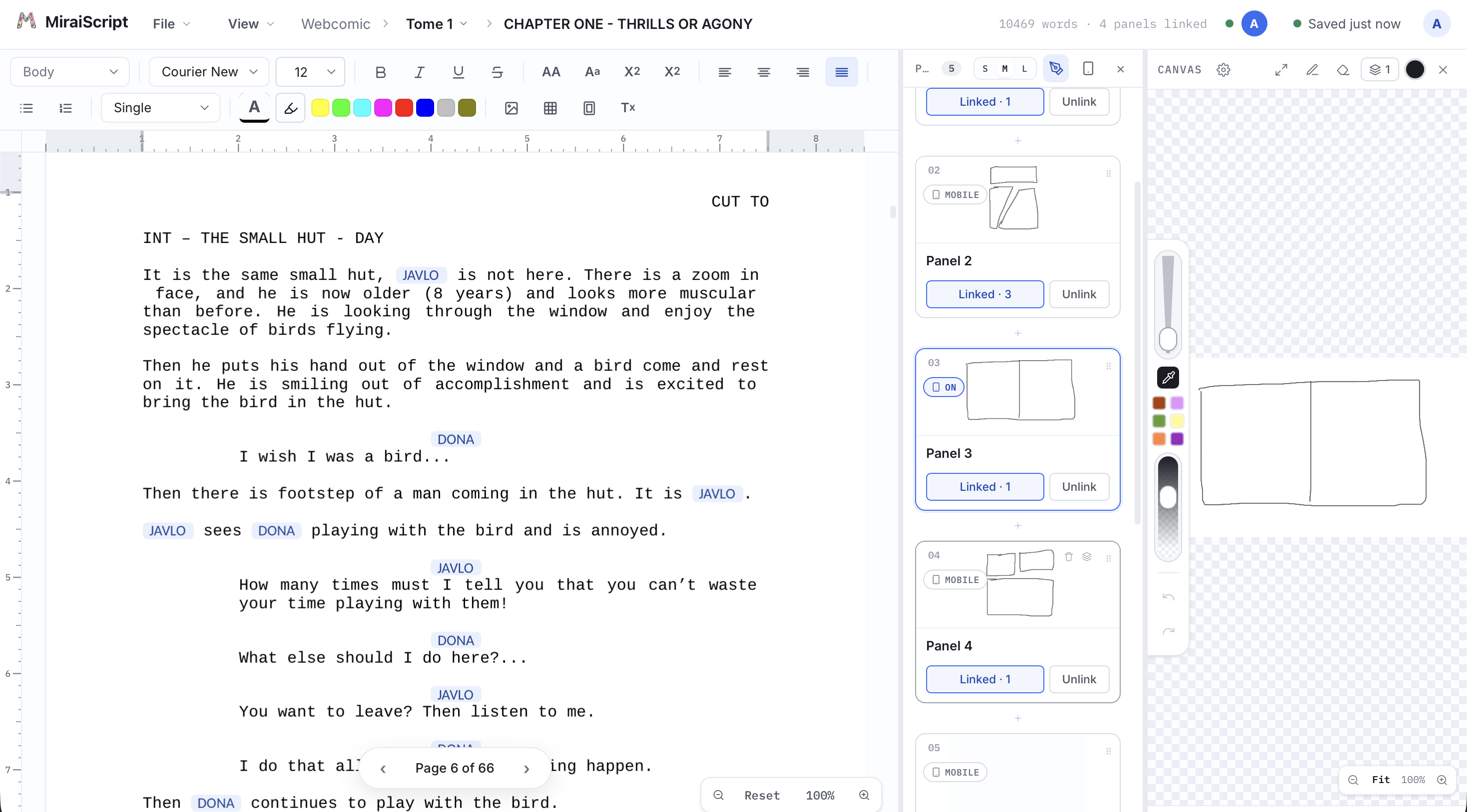 MiraiScript with the script, linked storyboard panels and drawing canvas in one window