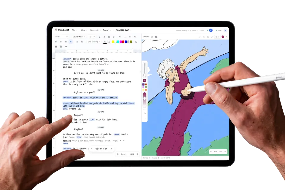 MiraiScript on an iPad: drawing the linked panel with a pencil while the script stays open