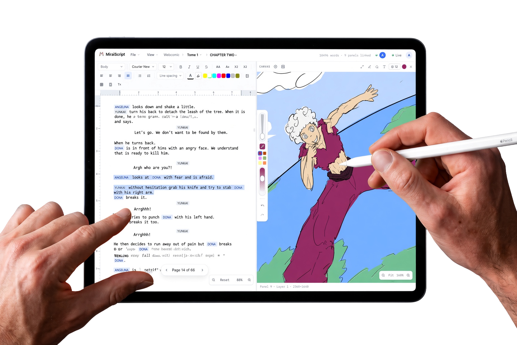 A tablet drawing into a MiraiScript panel with the desktop showing the same page