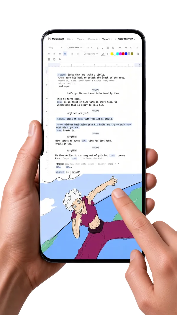 MiraiScript on a phone: the same chapter, the script above its panel