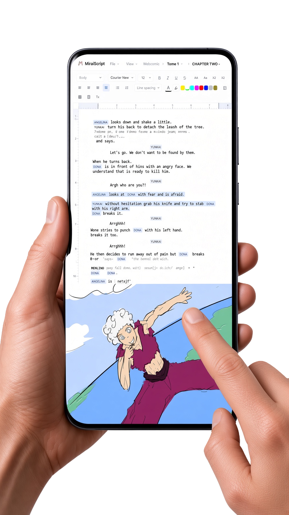 MiraiScript on a phone: the same chapter, the script above its panel