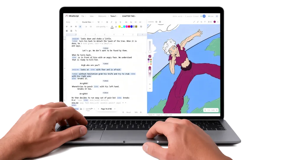 MiraiScript on a MacBook: the script beside the drawing canvas, hands on the keyboard