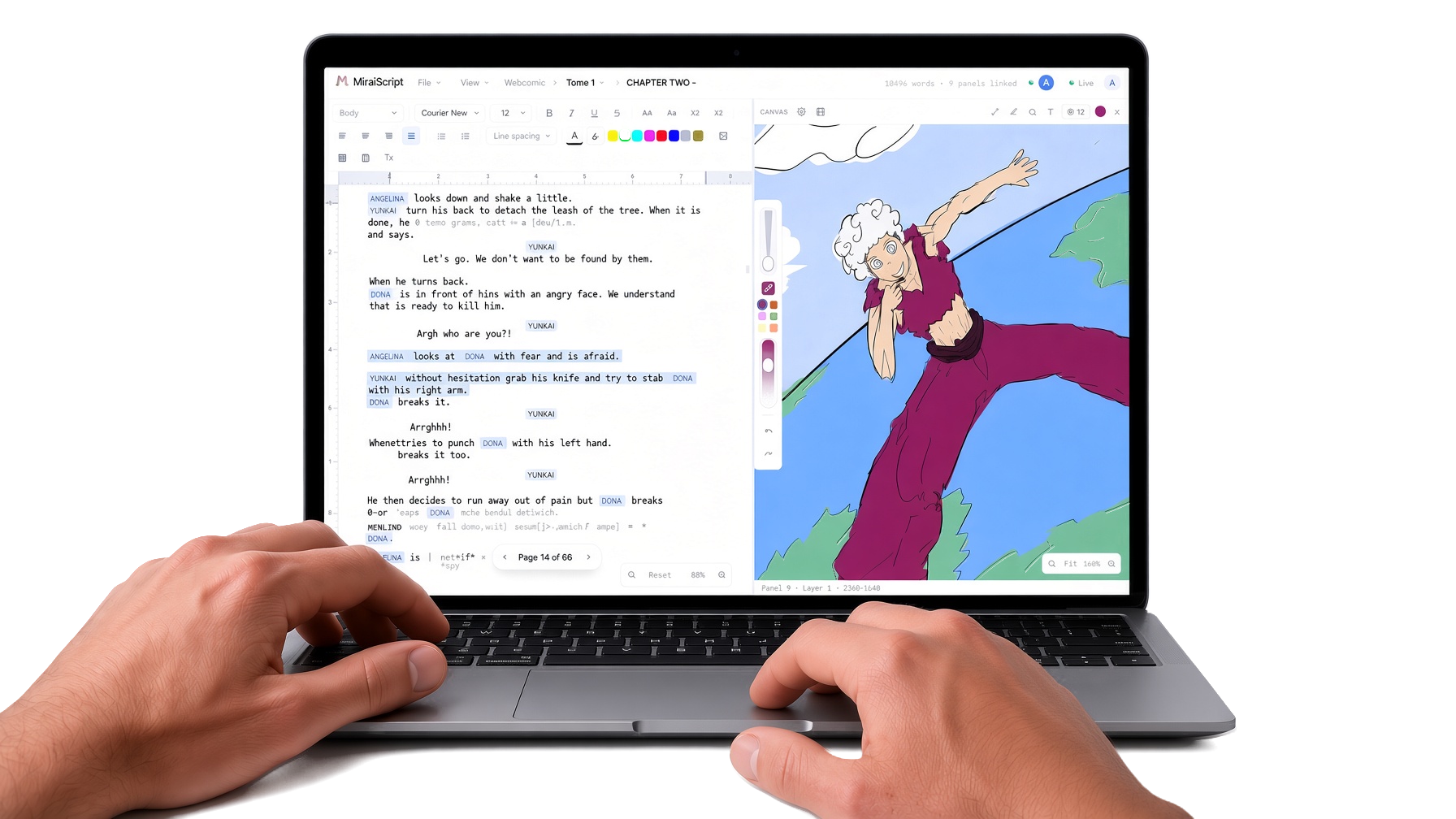MiraiScript on a MacBook: the script beside the drawing canvas, hands on the keyboard