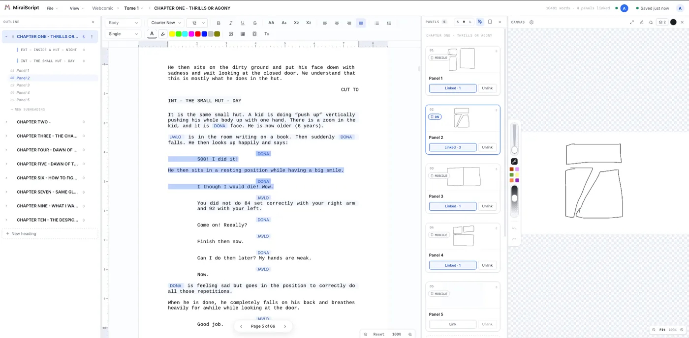 MiraiScript open on a chapter with the script and the drawing canvas visible at once