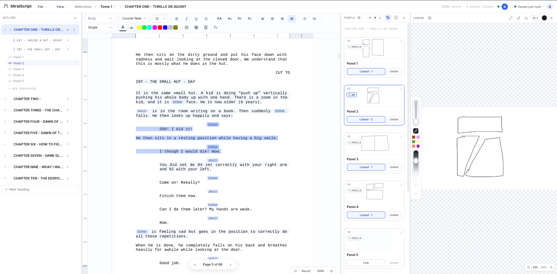 MiraiScript with the outline, script, linked panels and drawing canvas in one window