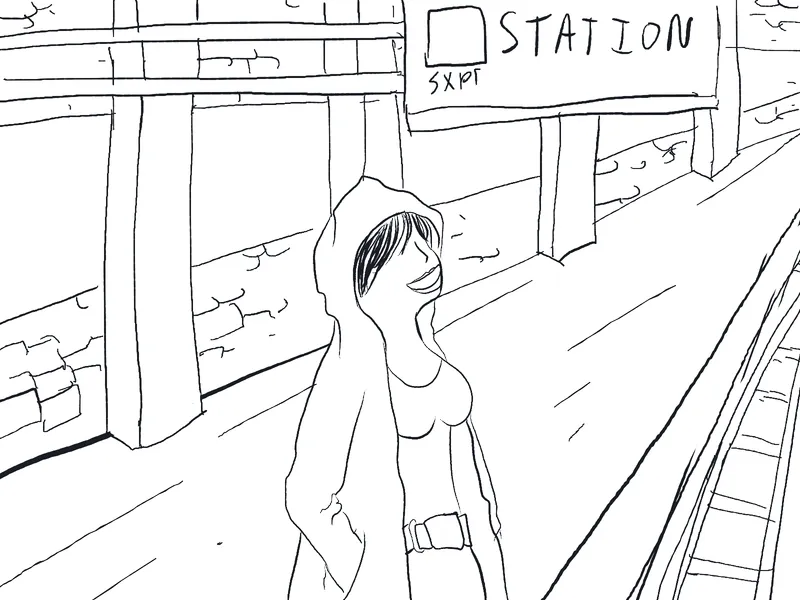 Line drawing of a comic panel: a hooded figure on a station platform, beneath the station sign