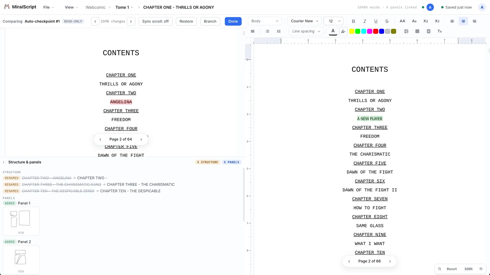 An auto-checkpoint compared against the current draft: word-level differences, renamed chapters, added panels, restore or branch
