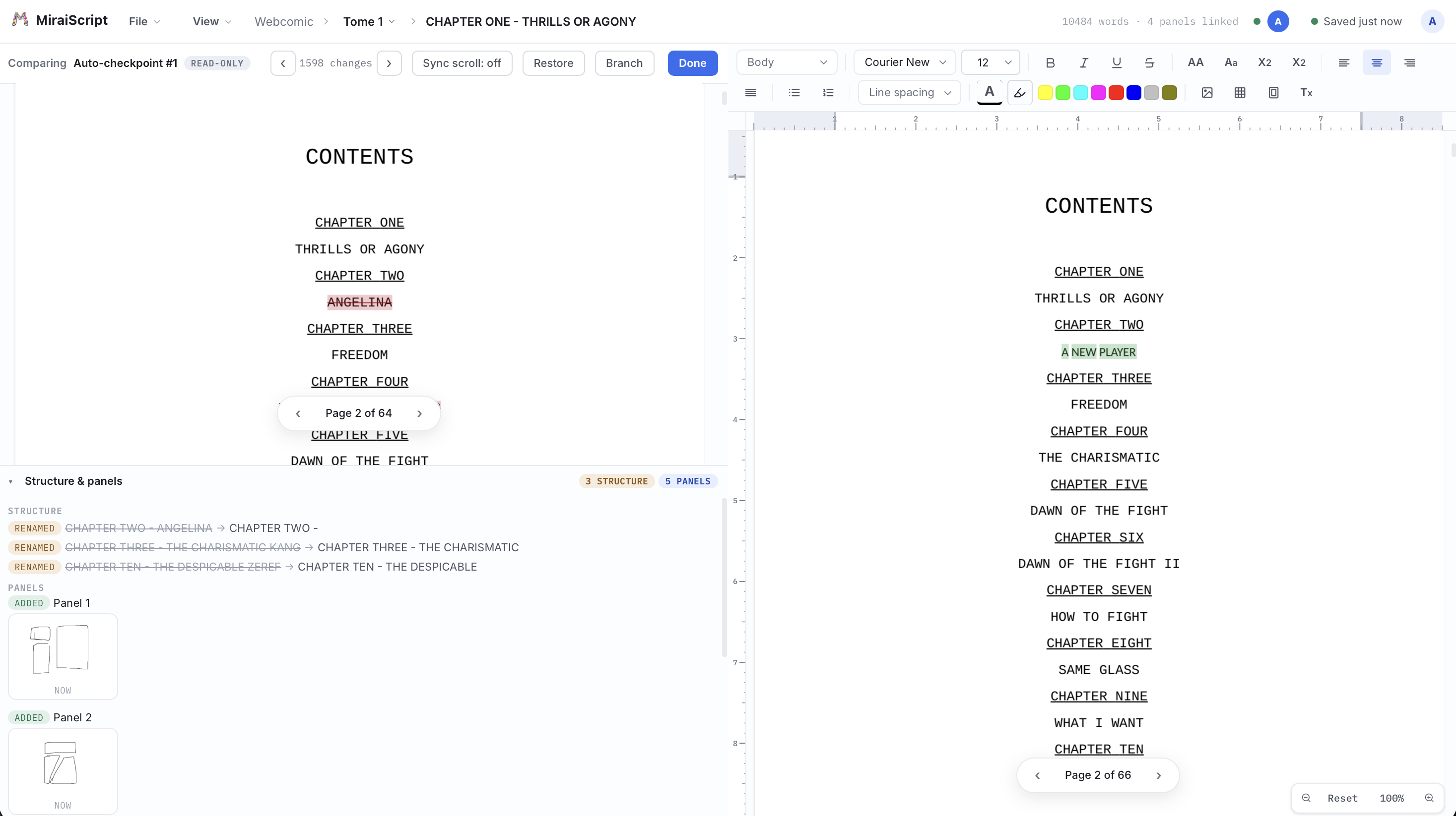 An auto-checkpoint compared against the current draft: word-level differences, renamed chapters, added panels, restore or branch
