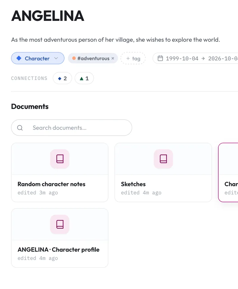 A character's documents as cards: random notes, sketches and a character profile, under the page's name, summary and tags